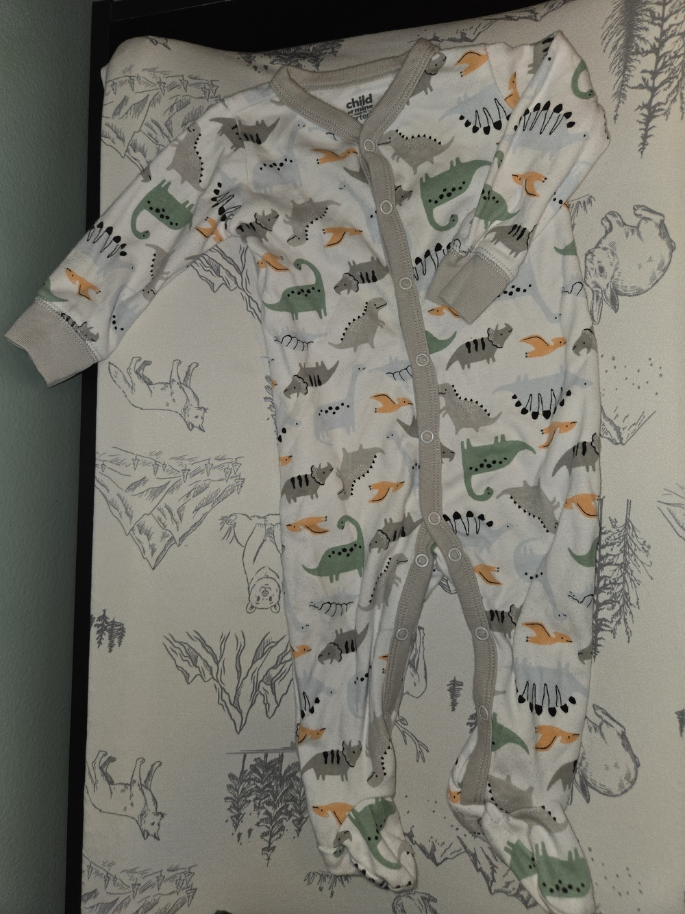 child of mine White Footed One-Piece with Green, Gray and Orange Dino Print